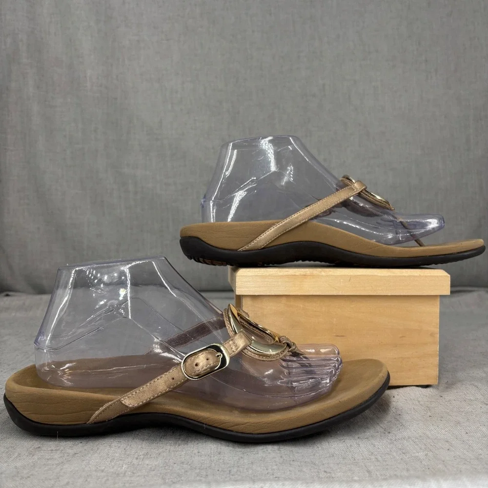 Vionic Karina Thong Sandals Gold Metallic Ring‎ Flip Flops Slides Women's 9 WIDE